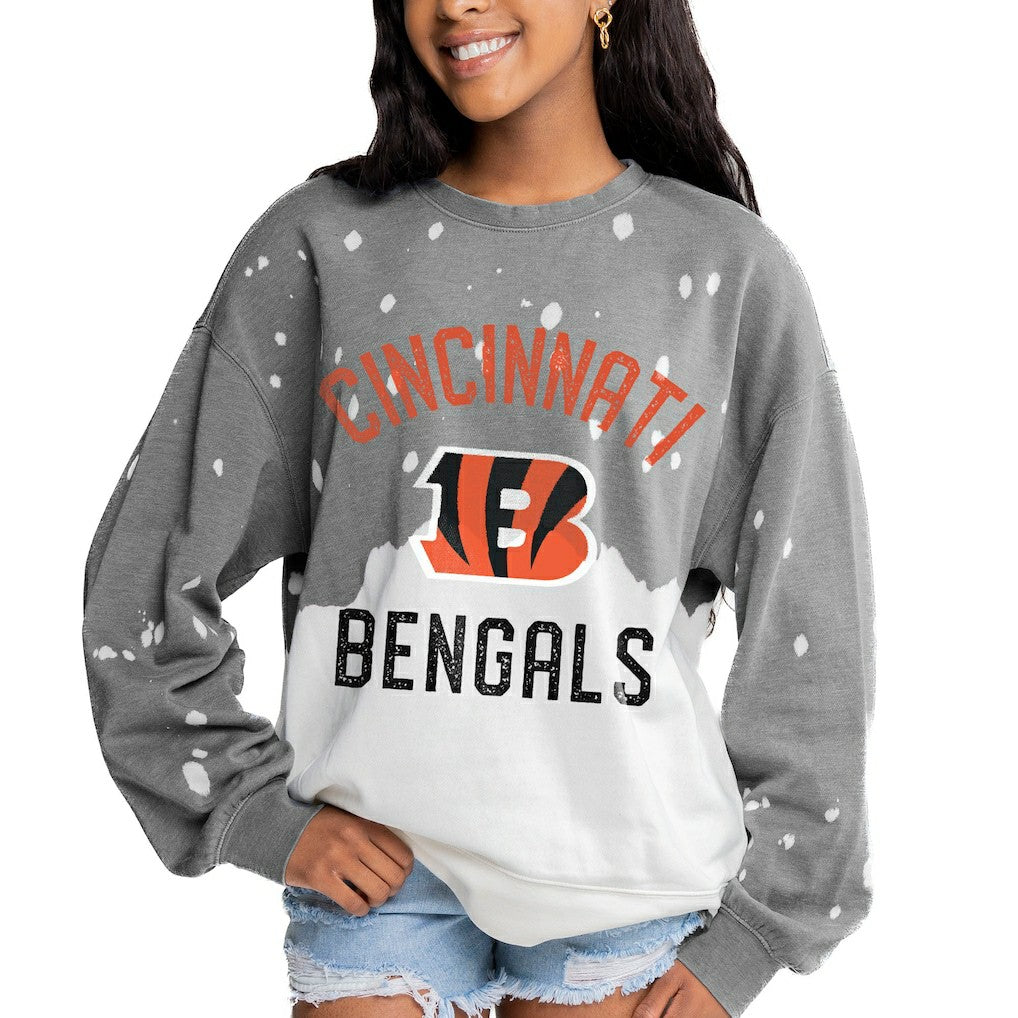 Cincinnati Bengals Gameday Couture Women's Oversized Coin Toss Faded French Terry Tri-Blend Pullover Sweatshirt - Gray Pullover