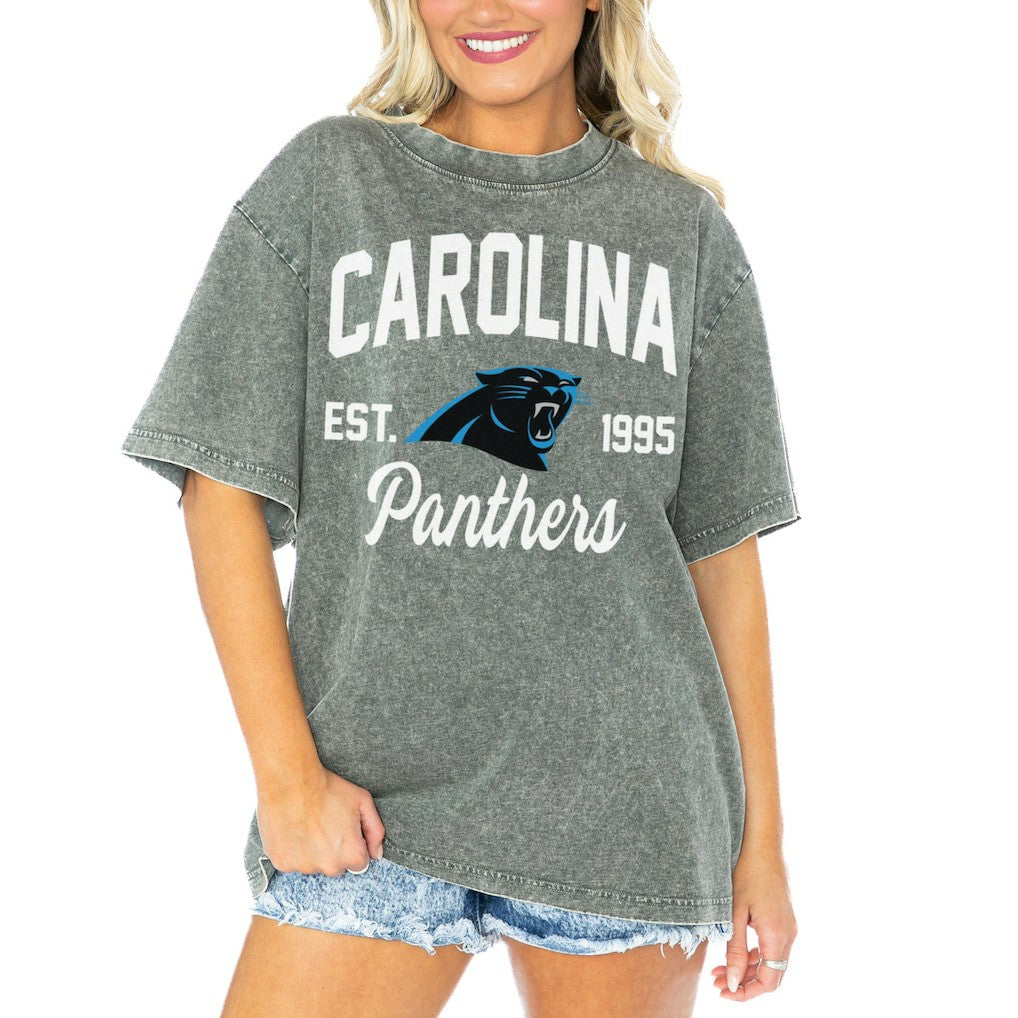 Carolina Panthers Gameday Couture Women's Tackle Titan Boyfriend Washed T-Shirt - Gray T-shirts