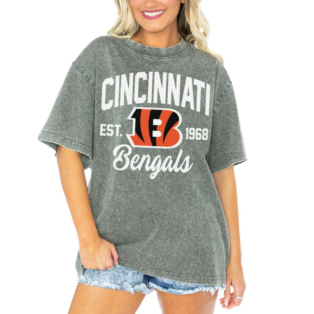 Cincinnati Bengals Gameday Couture Women's Tackle Titan Boyfriend Washed T-Shirt - Gray T-shirts