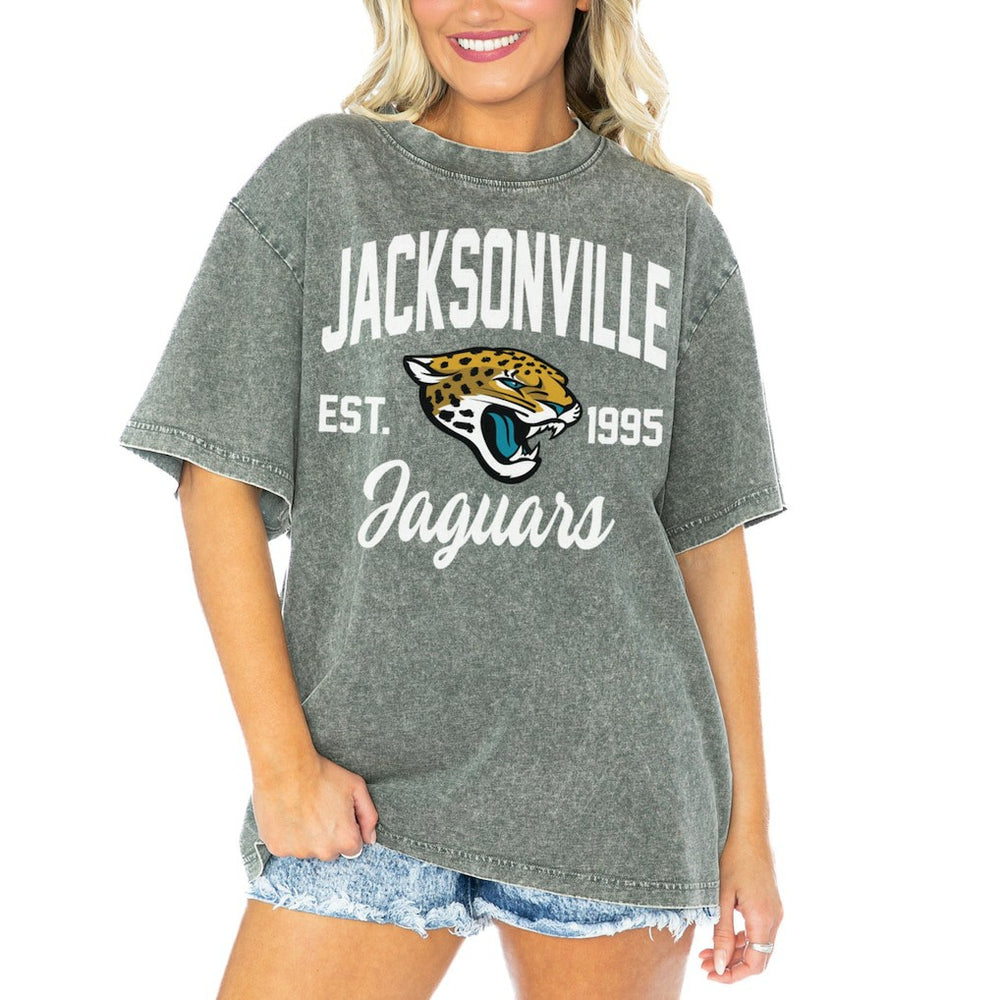 Jacksonville Jaguars Gameday Couture Women's Tackle Titan Boyfriend Washed T-Shirt - Gray T-shirts