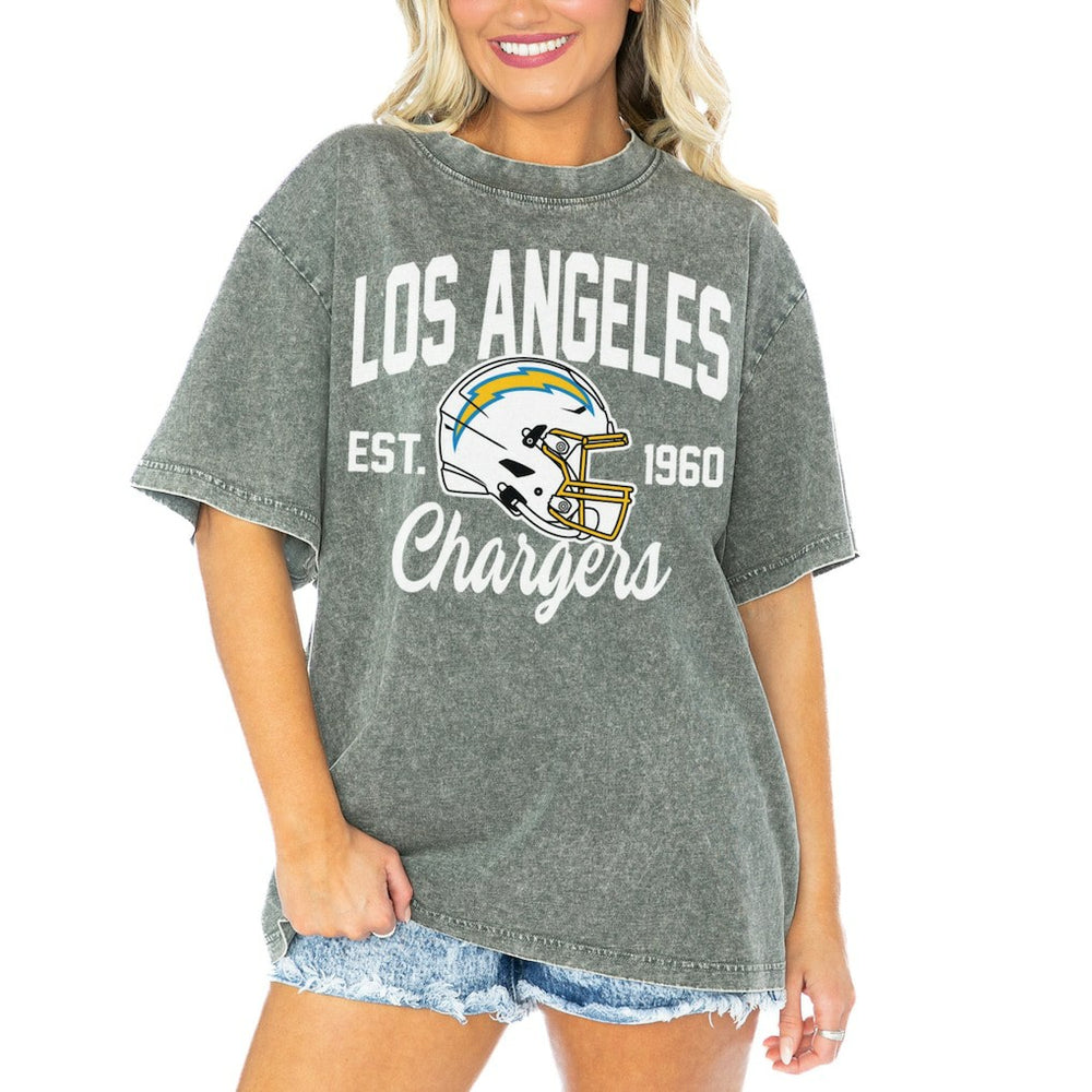 Los Angeles Chargers Gameday Couture Women's Tackle Titan Boyfriend Washed T-Shirt - Gray T-shirts