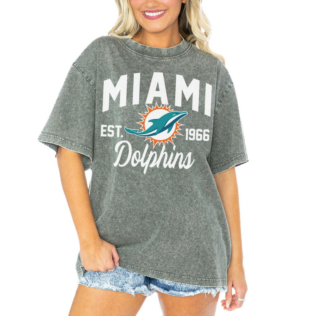 Miami Dolphins Gameday Couture Women's Tackle Titan Boyfriend Washed T-Shirt - Gray T-shirts