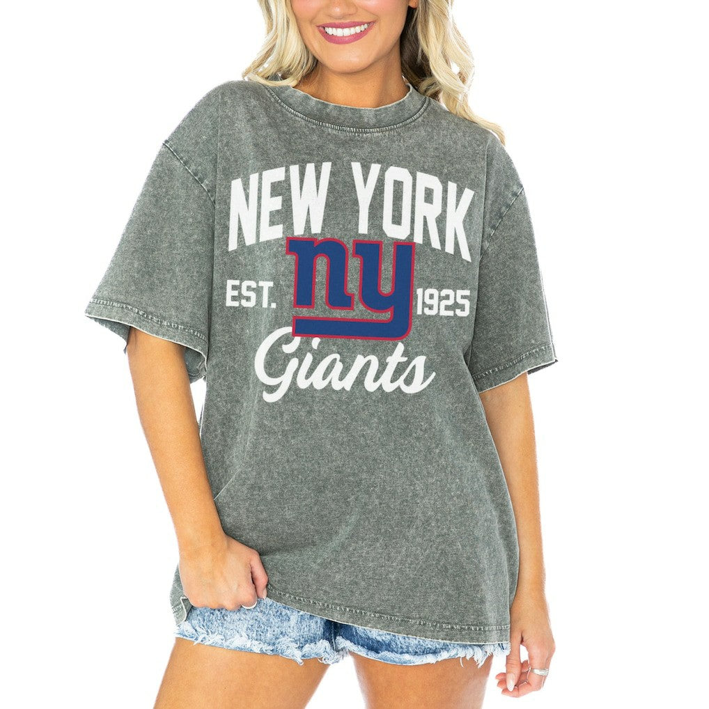 New York Giants Gameday Couture Women's Tackle Titan Boyfriend Washed T-Shirt - Gray T-shirts