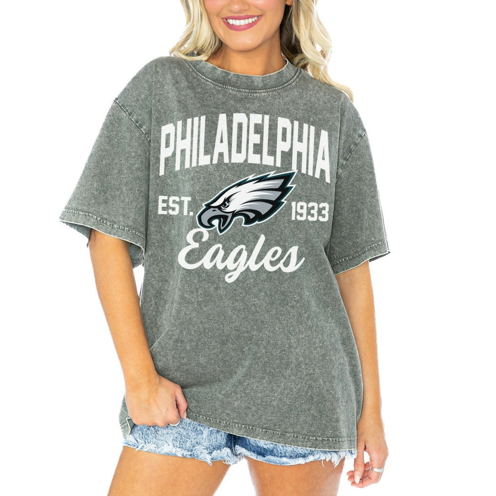 Philadelphia Eagles Gameday Couture Women's Tackle Titan Boyfriend Washed T-Shirt - Gray T-shirts