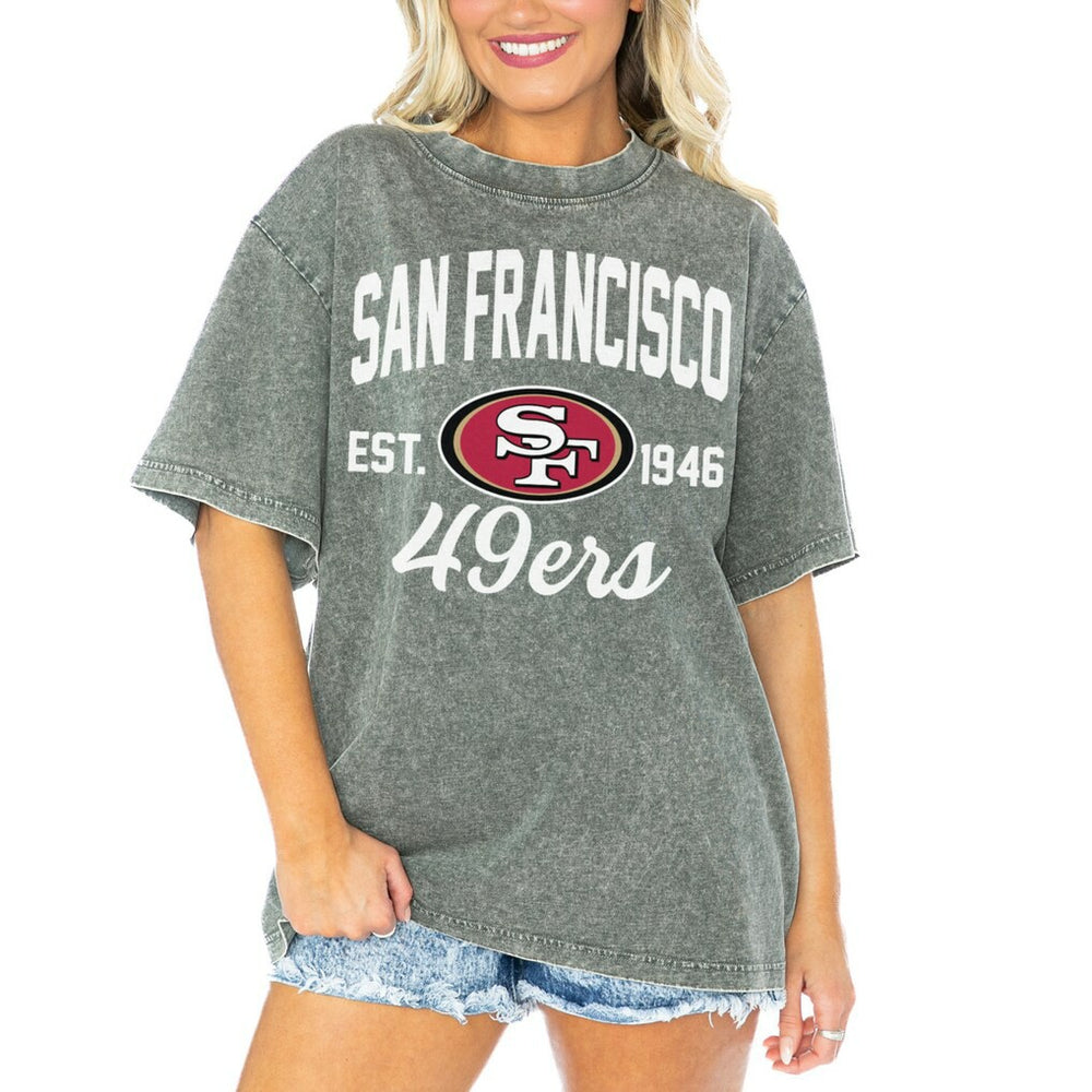 San Francisco 49ers Gameday Couture Women's Tackle Titan Boyfriend Washed T-Shirt - Gray T-shirts