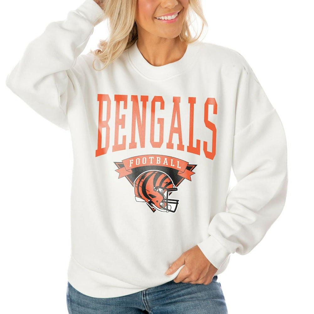 Cincinnati Bengals Gameday Couture Women's Oversized Yard Line Tri-Blend Pullover Sweatshirt - White Pullover