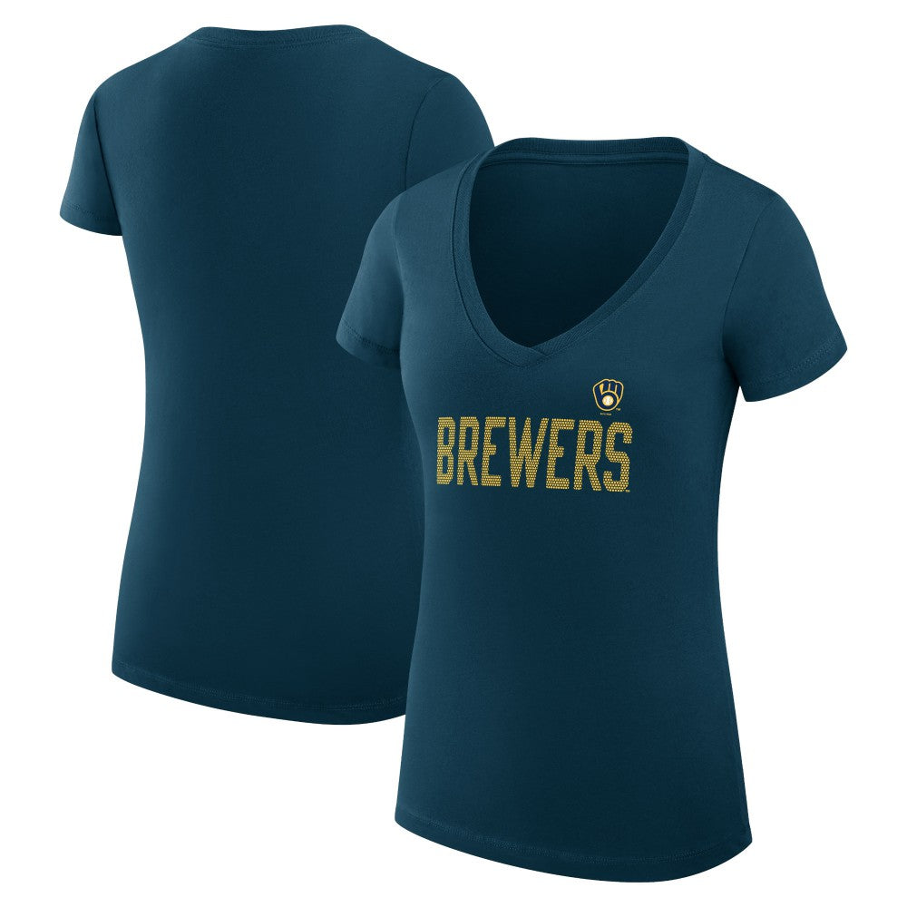 Milwaukee Brewers G-III 4Her by Carl Banks Women's Super-Slim Fit Lightweight Dot Print V-Neck T-Shirt - Navy T-shirts