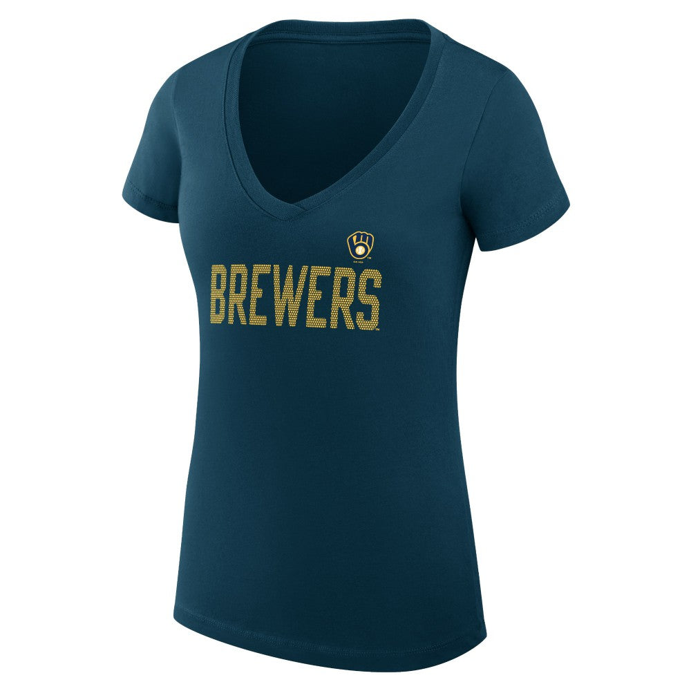 Milwaukee Brewers G-III 4Her by Carl Banks Women's Super-Slim Fit Lightweight Dot Print V-Neck T-Shirt - Navy T-shirts