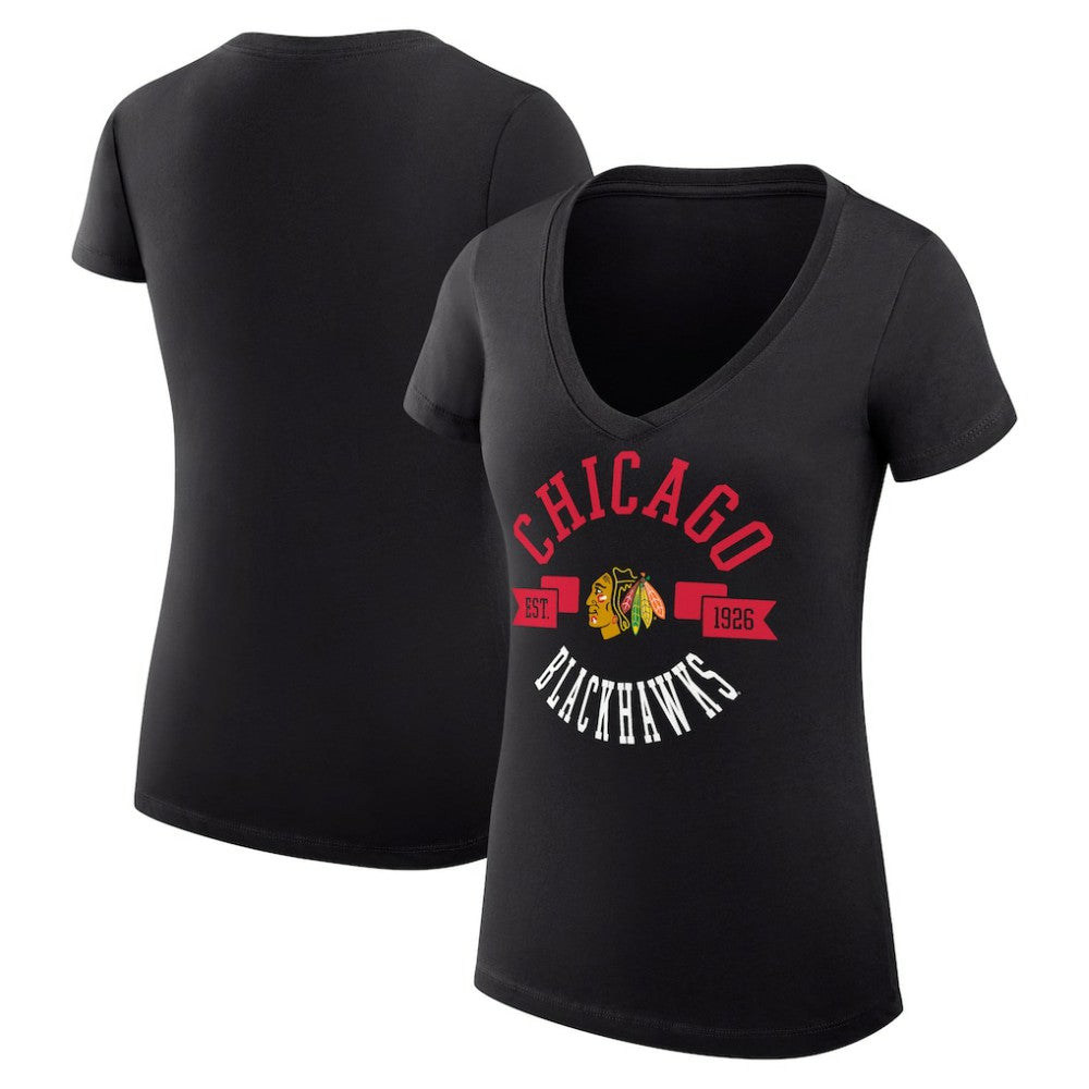 Chicago Blackhawks G-III 4Her by Carl Banks Women's Super-Slim Fit Lightweight City Graphic V-Neck T-Shirt - Black | US 200593351