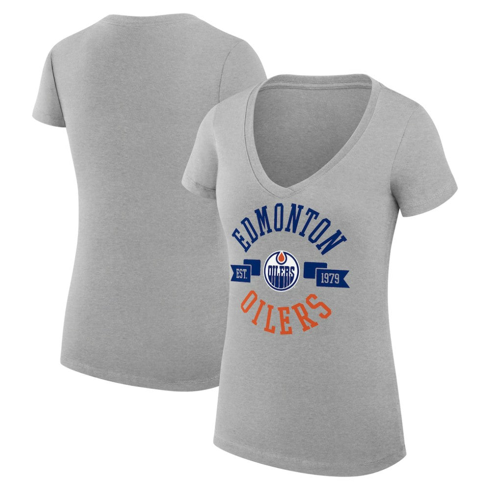 Edmonton Oilers G-III 4Her by Carl Banks Women's Super-Slim Fit Lightweight City Graphic V-Neck T-Shirt - Heather Gray | US 200593383