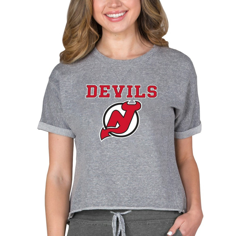 New Jersey Devils Concepts Sport Women's Tri-Blend Mainstream Terry Short Sleeve Sweatshirt Top - Heather Gray | US 200596333