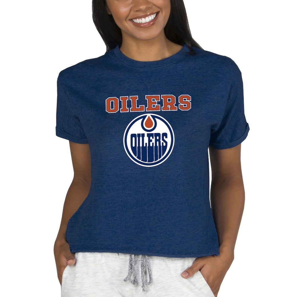 Edmonton Oilers Concepts Sport Women's Tri-Blend Mainstream Terry Short Sleeve Sweatshirt Top - Navy | US 200596335