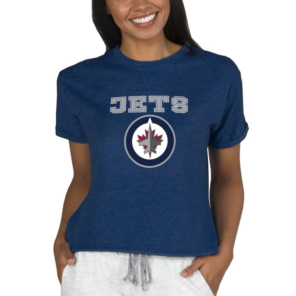 Winnipeg Jets Concepts Sport Women's Tri-Blend Mainstream Terry Short Sleeve Sweatshirt Top - Navy | US 200596358