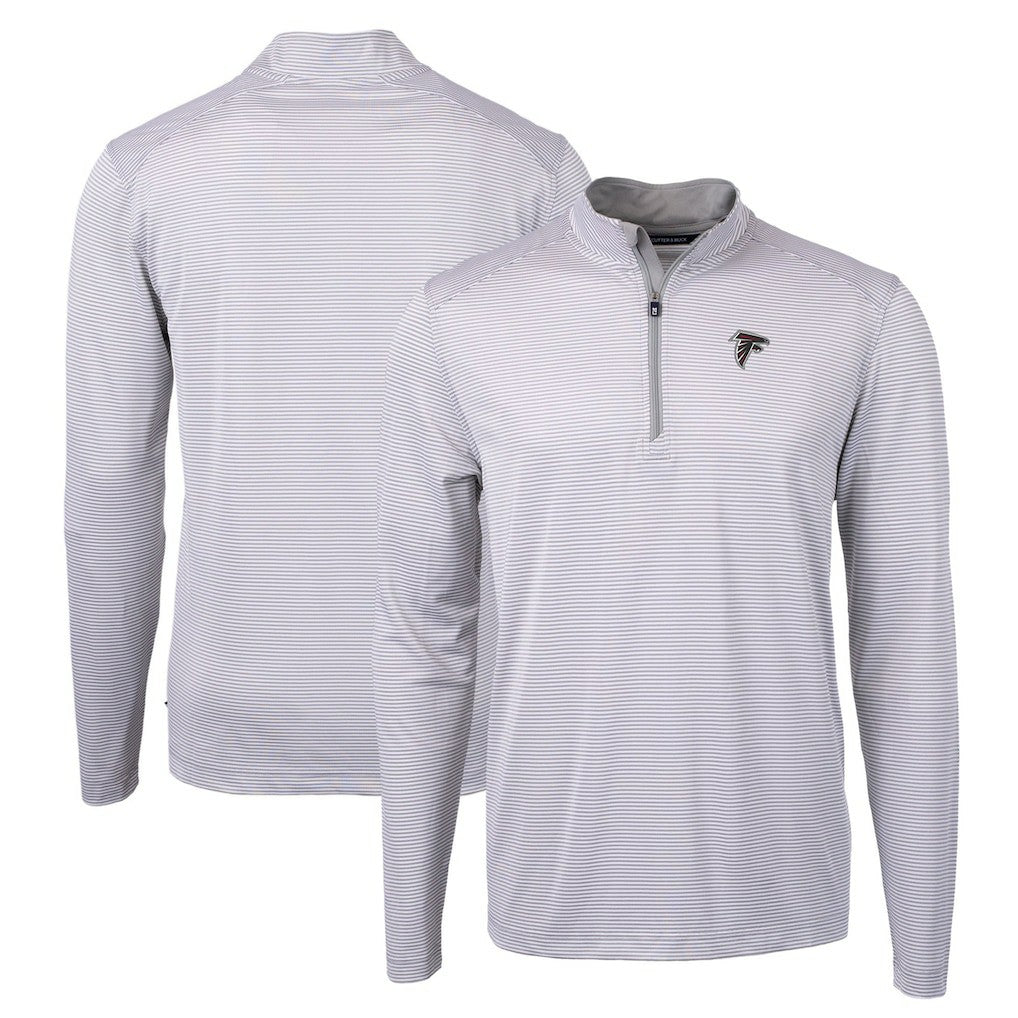 Atlanta Falcons Cutter & Buck Virtue Eco Pique Micro Stripe Recycled Quarter-Zip Pullover Top - Gray/White Pullover