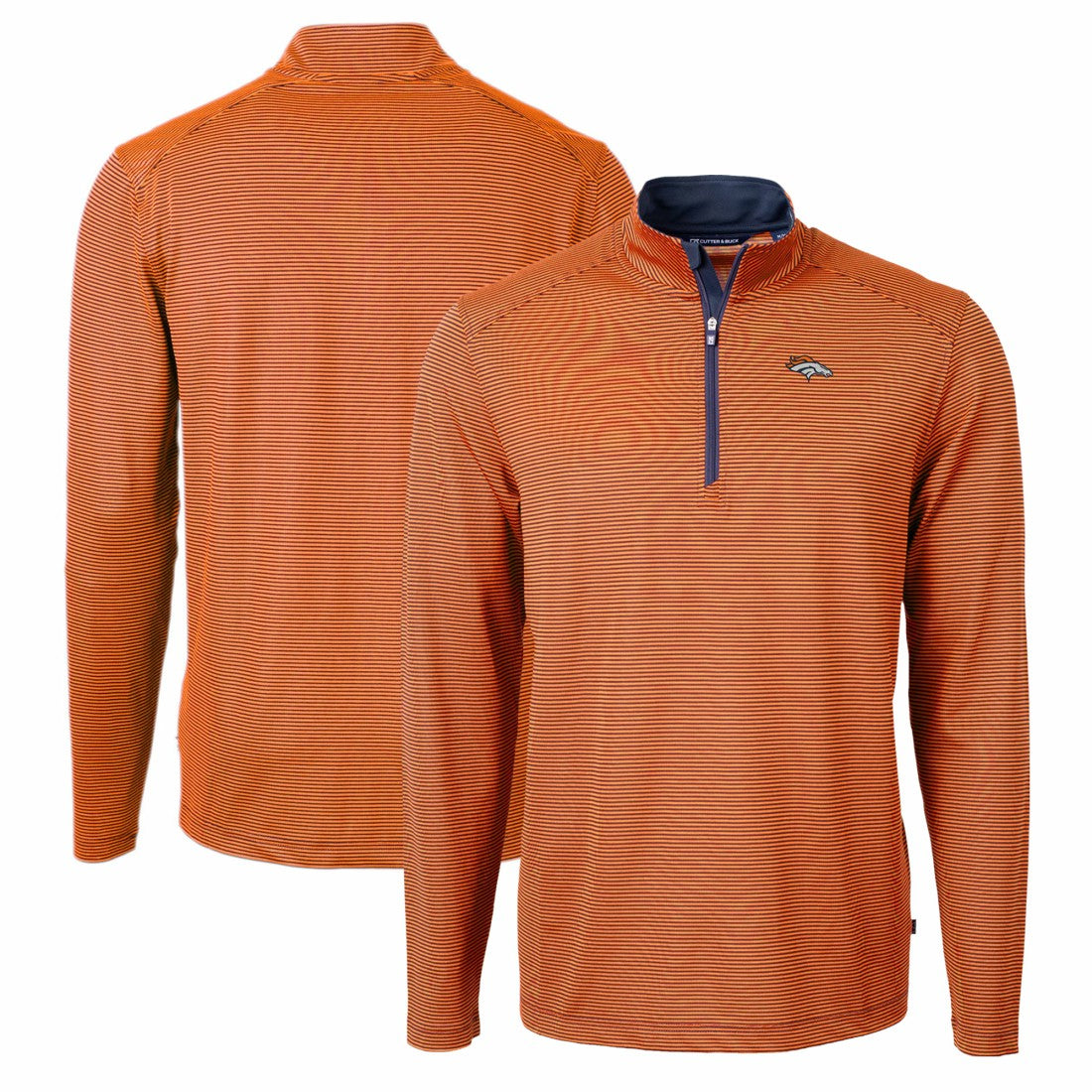 Denver Broncos Cutter & Buck Virtue Eco Pique Micro Stripe Recycled Quarter-Zip Pullover Top - Orange/Navy Pullover