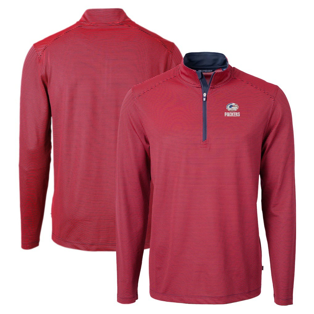 Green Bay Packers Cutter & Buck Virtue Eco Pique Micro Stripe Recycled Quarter-Zip Pullover Top - Red/Navy Pullover