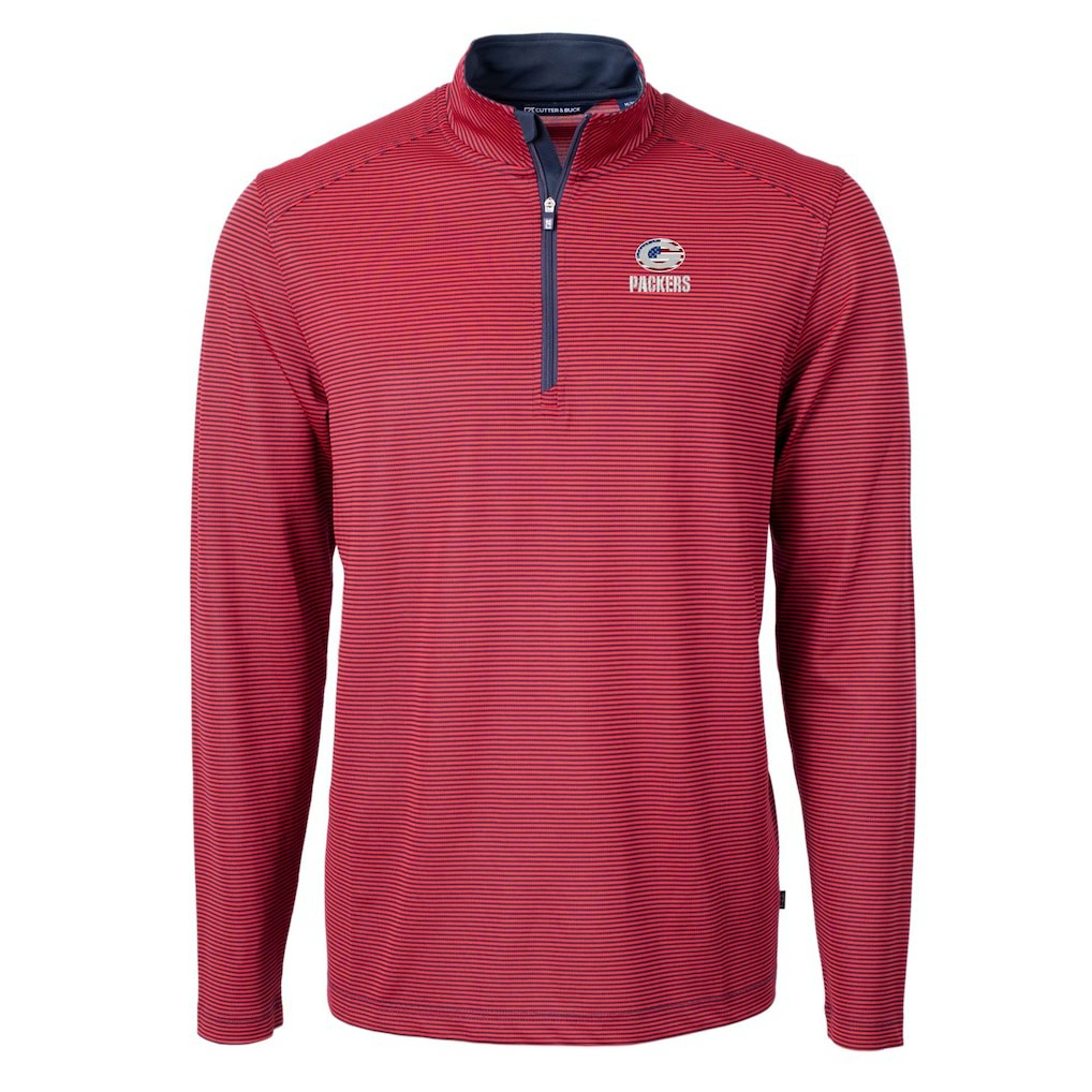 Green Bay Packers Cutter & Buck Virtue Eco Pique Micro Stripe Recycled Quarter-Zip Pullover Top - Red/Navy Pullover
