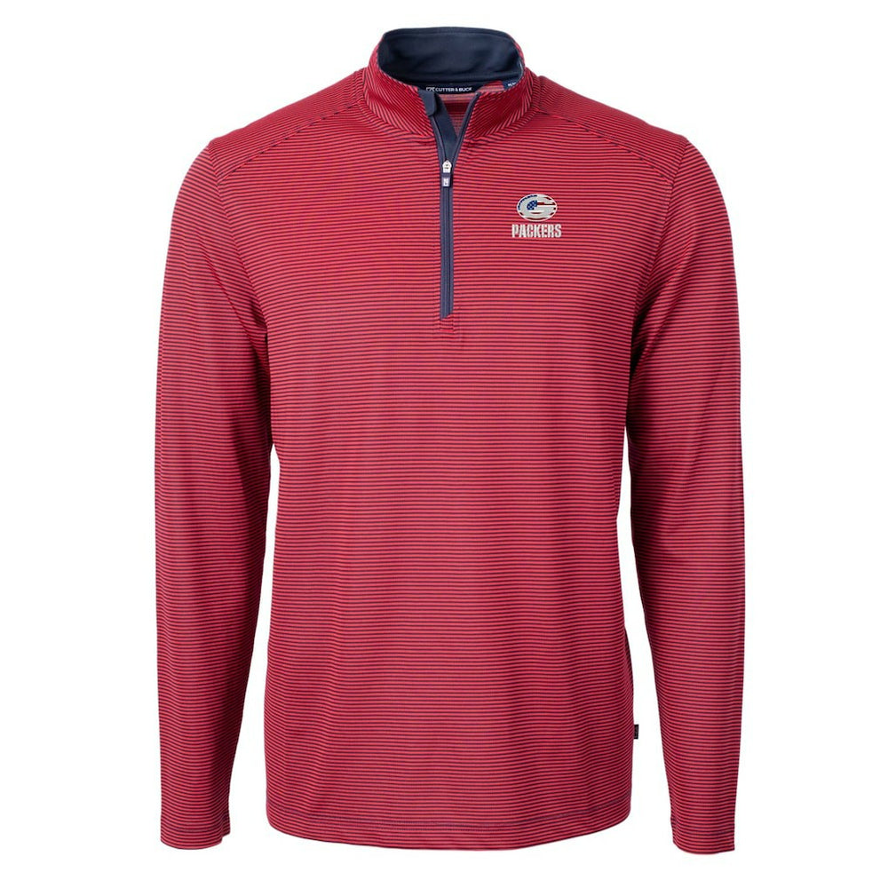 Green Bay Packers Cutter & Buck Virtue Eco Pique Micro Stripe Recycled Quarter-Zip Pullover Top - Red/Navy Pullover