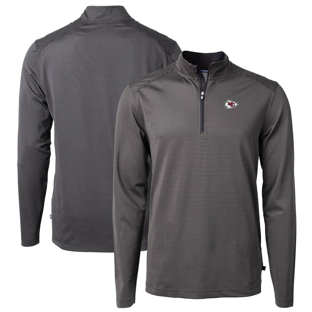 Kansas City Chiefs Cutter & Buck Virtue Eco Pique Micro Stripe Recycled Quarter-Zip Pullover Top - Black/Gray Pullover