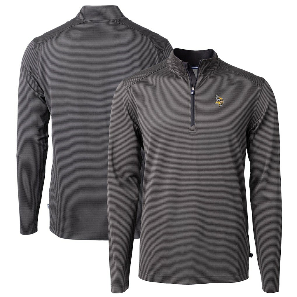 Minnesota Vikings Cutter & Buck Virtue Eco Pique Micro Stripe Recycled Quarter-Zip Pullover Top - Black/Gray Pullover