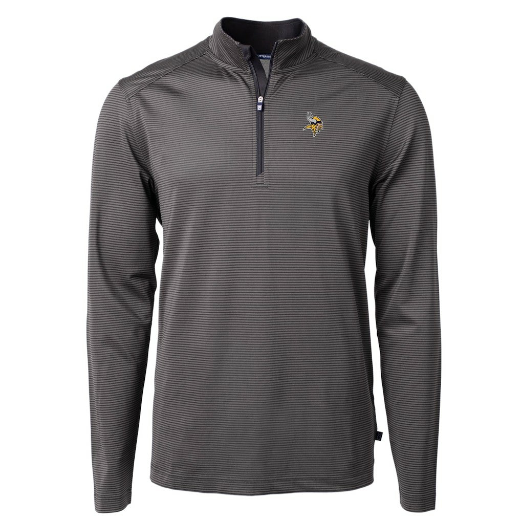 Minnesota Vikings Cutter & Buck Virtue Eco Pique Micro Stripe Recycled Quarter-Zip Pullover Top - Black/Gray Pullover
