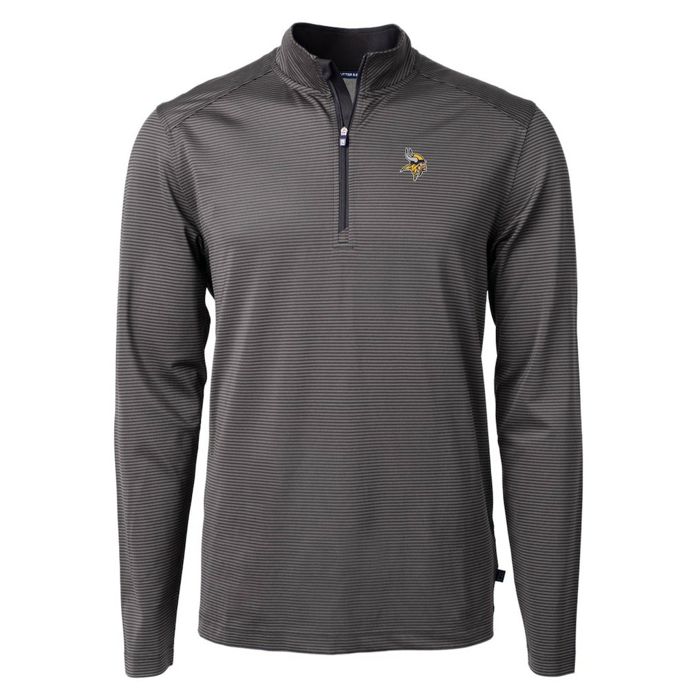 Minnesota Vikings Cutter & Buck Virtue Eco Pique Micro Stripe Recycled Quarter-Zip Pullover Top - Black/Gray Pullover