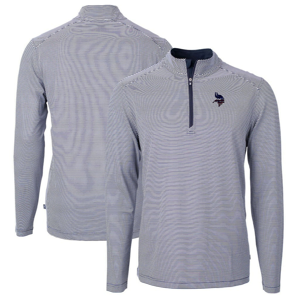 Minnesota Vikings Cutter & Buck Virtue Eco Pique Micro Stripe Recycled Quarter-Zip Pullover Top - Navy/White Pullover