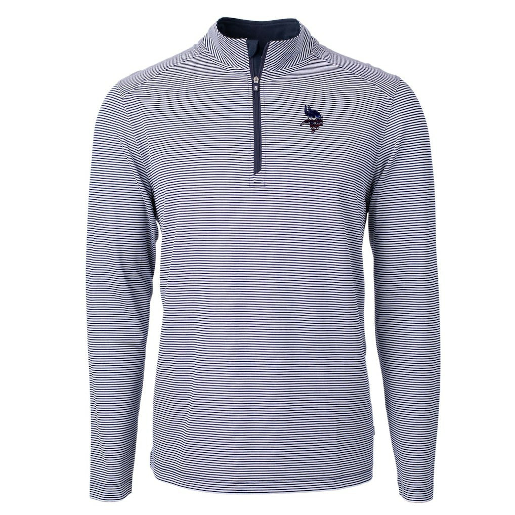 Minnesota Vikings Cutter & Buck Virtue Eco Pique Micro Stripe Recycled Quarter-Zip Pullover Top - Navy/White Pullover