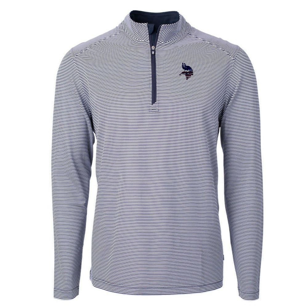 Minnesota Vikings Cutter & Buck Virtue Eco Pique Micro Stripe Recycled Quarter-Zip Pullover Top - Navy/White Pullover