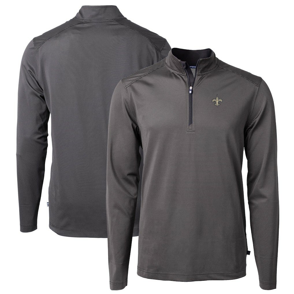 New Orleans Saints Cutter & Buck Virtue Eco Pique Micro Stripe Recycled Quarter-Zip Pullover Top - Black/Gray Pullover