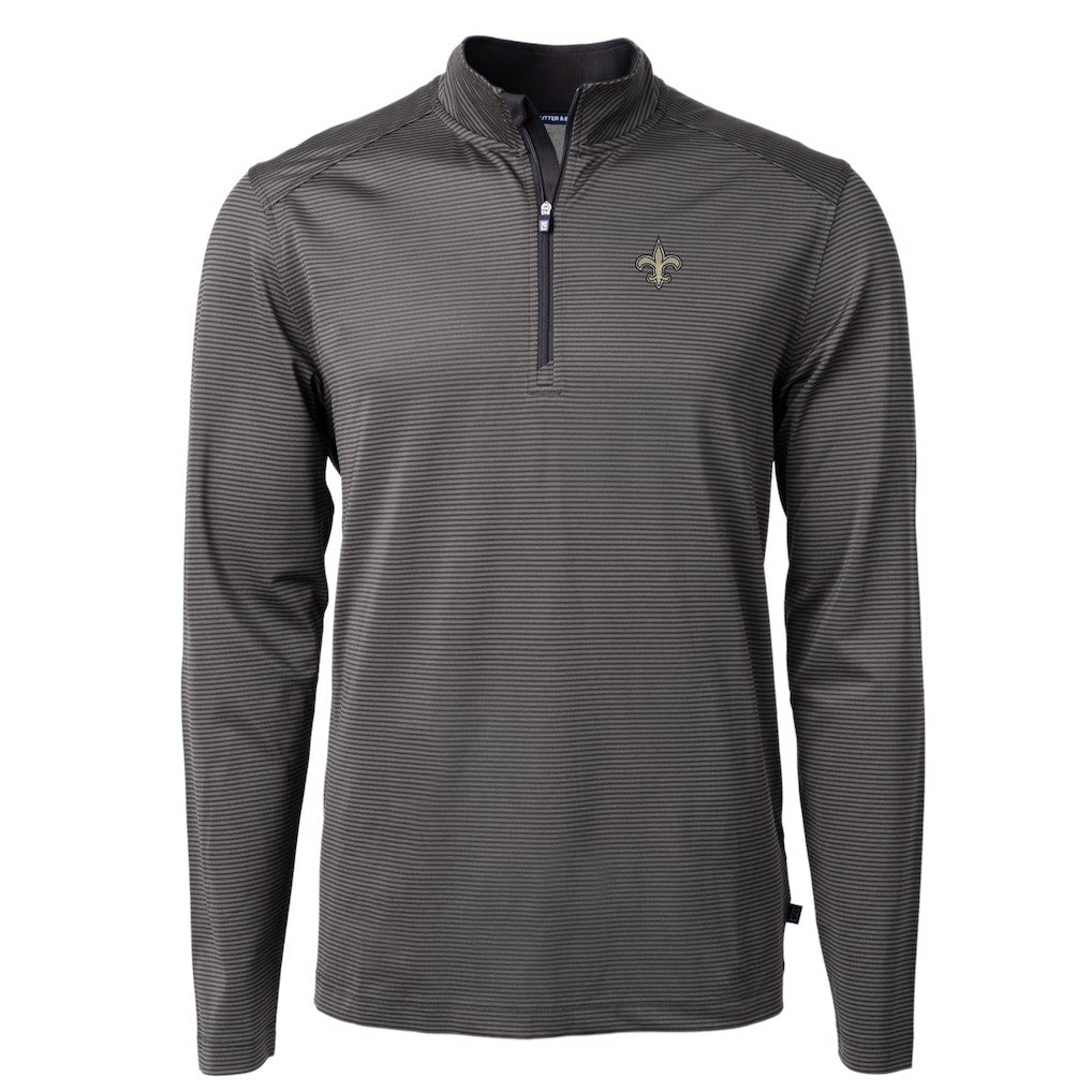 New Orleans Saints Cutter & Buck Virtue Eco Pique Micro Stripe Recycled Quarter-Zip Pullover Top - Black/Gray Pullover