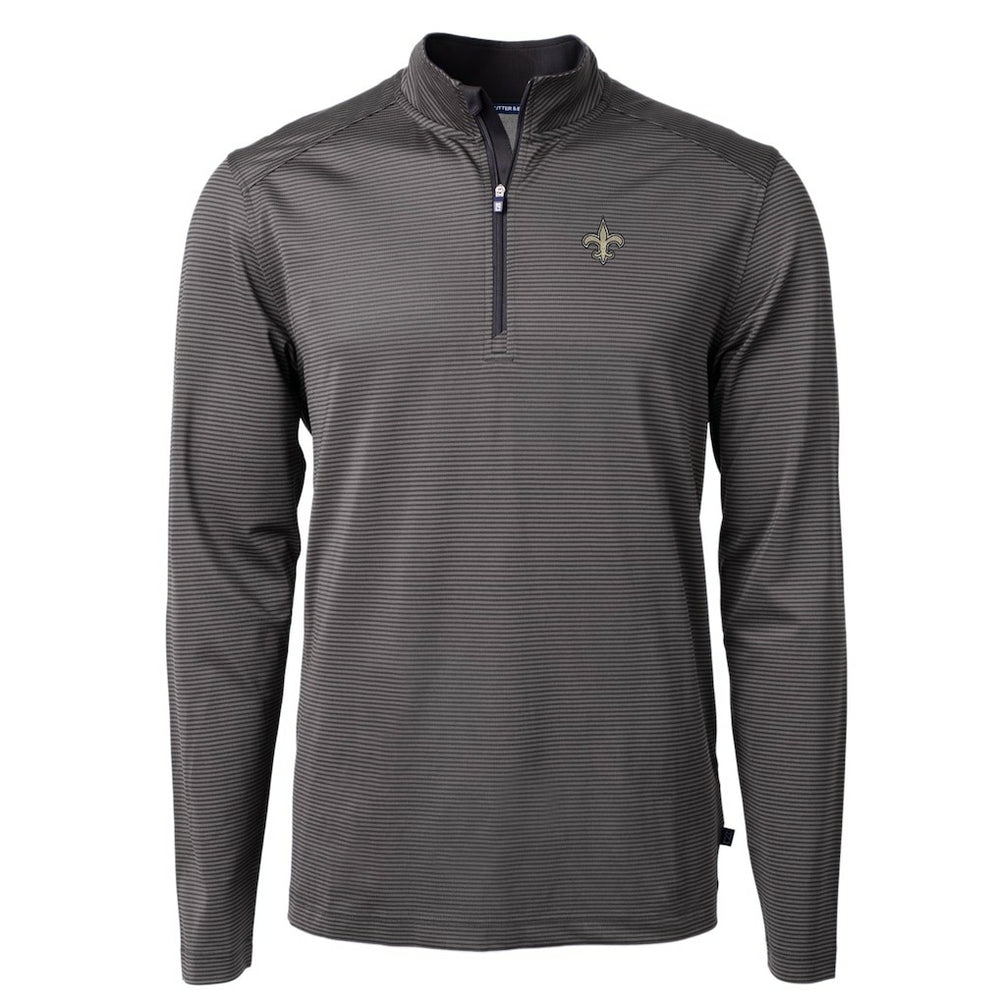 New Orleans Saints Cutter & Buck Virtue Eco Pique Micro Stripe Recycled Quarter-Zip Pullover Top - Black/Gray Pullover