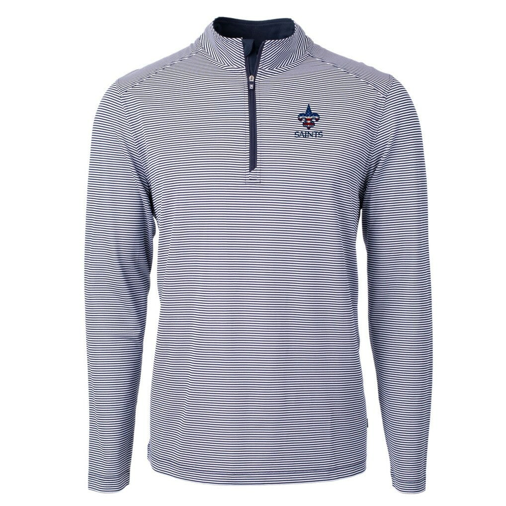 New Orleans Saints Cutter & Buck Virtue Eco Pique Micro Stripe Recycled Quarter-Zip Pullover Top - Navy/White Pullover