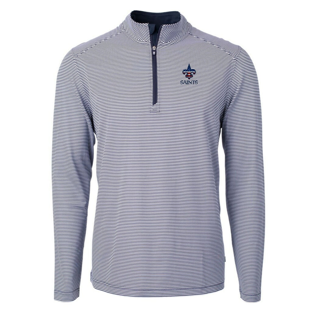 New Orleans Saints Cutter & Buck Virtue Eco Pique Micro Stripe Recycled Quarter-Zip Pullover Top - Navy/White Pullover