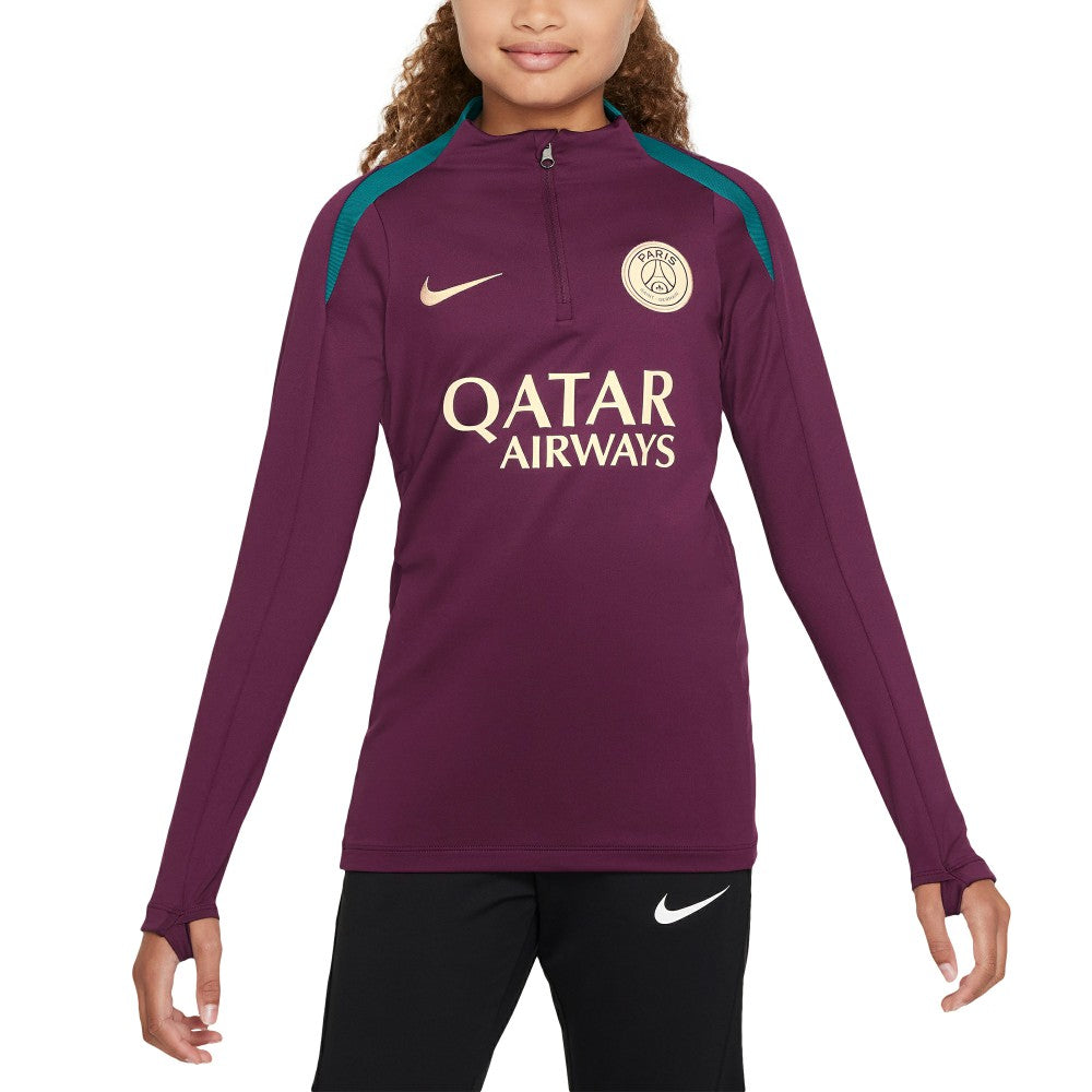 Paris Saint-Germain Youth 2024/25 Strike Drill Quarter-Zip Long Sleeve Performance Training Top Burgundy - Nike