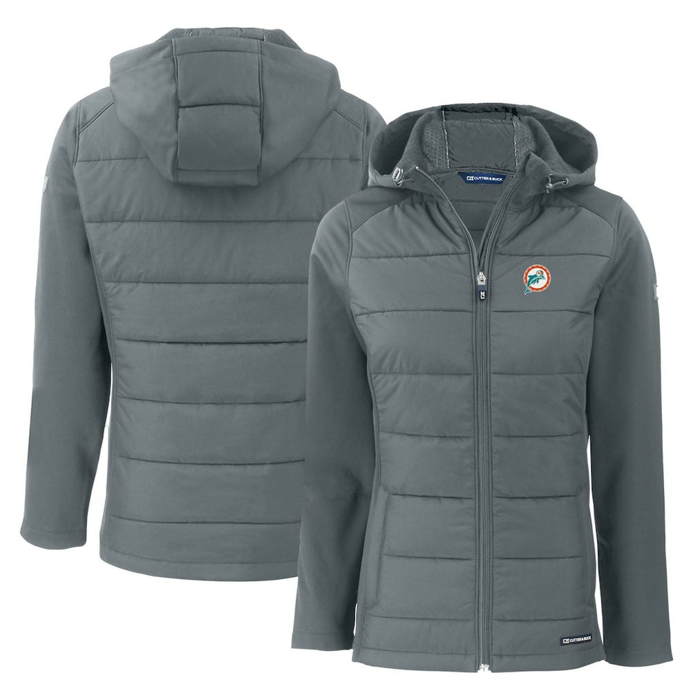 Miami Dolphins Cutter & Buck Women's Throwback Evoke Hybrid Eco Softshell Recycled Full-Zip Hoodie Jacket - Gray Hoodies