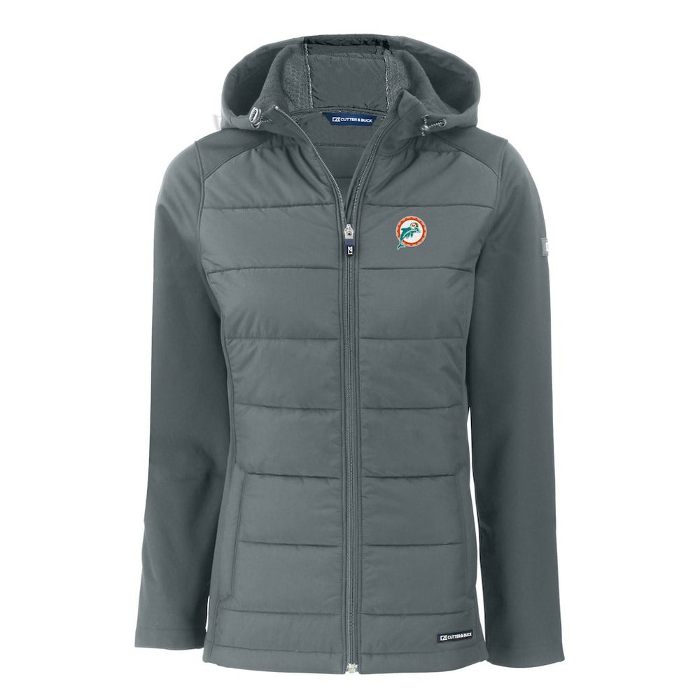 Miami Dolphins Cutter & Buck Women's Throwback Evoke Hybrid Eco Softshell Recycled Full-Zip Hoodie Jacket - Gray Hoodies