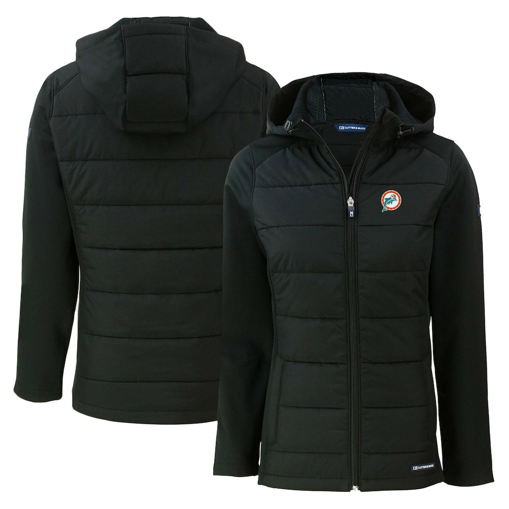 Miami Dolphins Cutter & Buck Women's Throwback Evoke Hybrid Eco Softshell Recycled Full-Zip Hoodie Jacket - Black Hoodies