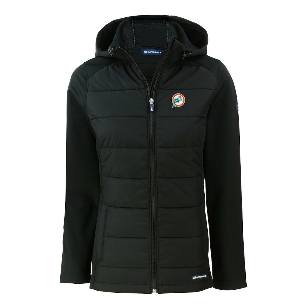 Miami Dolphins Cutter & Buck Women's Throwback Evoke Hybrid Eco Softshell Recycled Full-Zip Hoodie Jacket - Black Hoodies