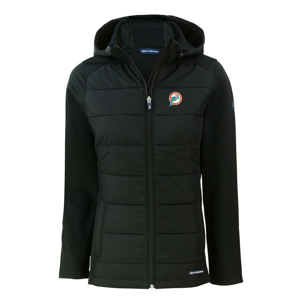 Miami Dolphins Cutter & Buck Women's Throwback Evoke Hybrid Eco Softshell Recycled Full-Zip Hoodie Jacket - Black Hoodies