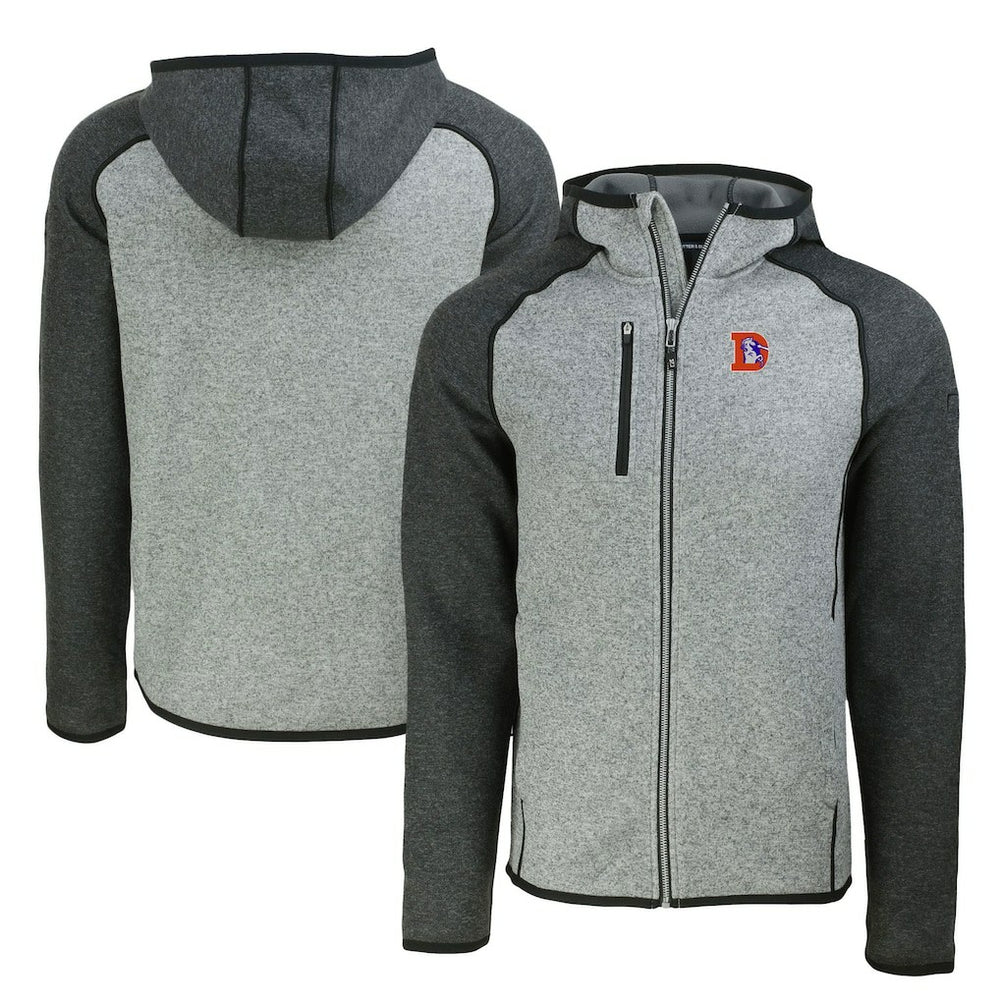 Denver Broncos Cutter & Buck Throwback Mainsail Sweater-Knit Full-Zip Hoodie - Heather Gray/Heather Charcoal Hoodies