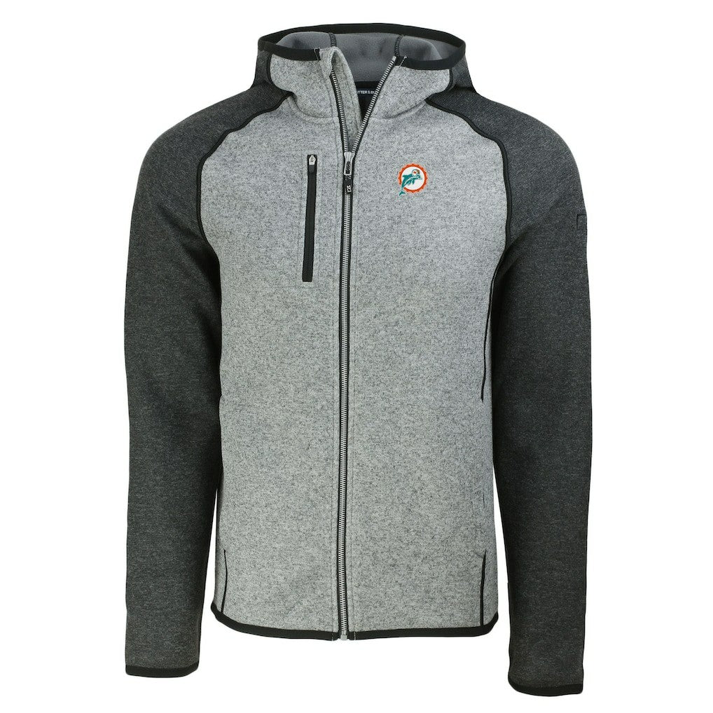 Miami Dolphins Cutter & Buck Throwback Mainsail Sweater-Knit Full-Zip Hoodie - Heather Gray/Heather Charcoal Hoodies