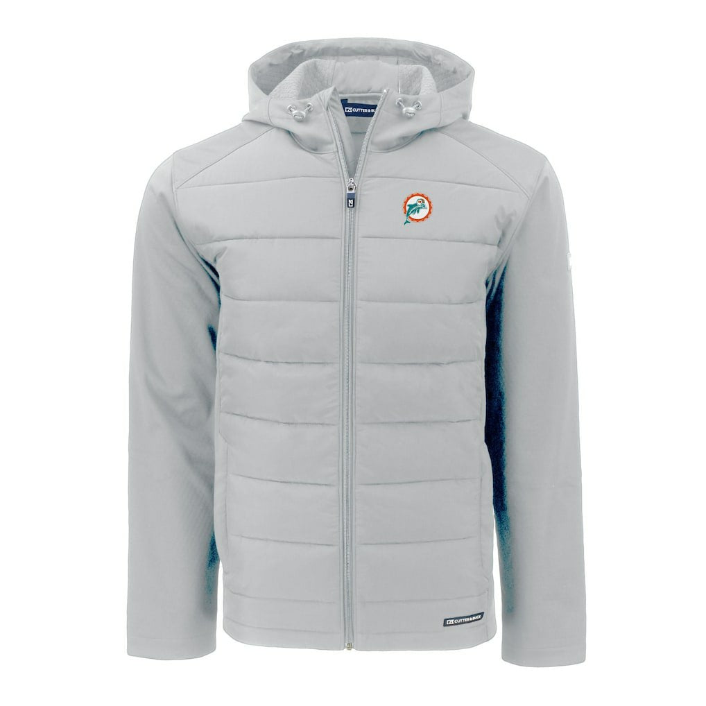 Miami Dolphins Cutter & Buck Throwback Evoke Hybrid Eco Softshell Recycled Full-Zip Hoodie Jacket - Gray Hoodies