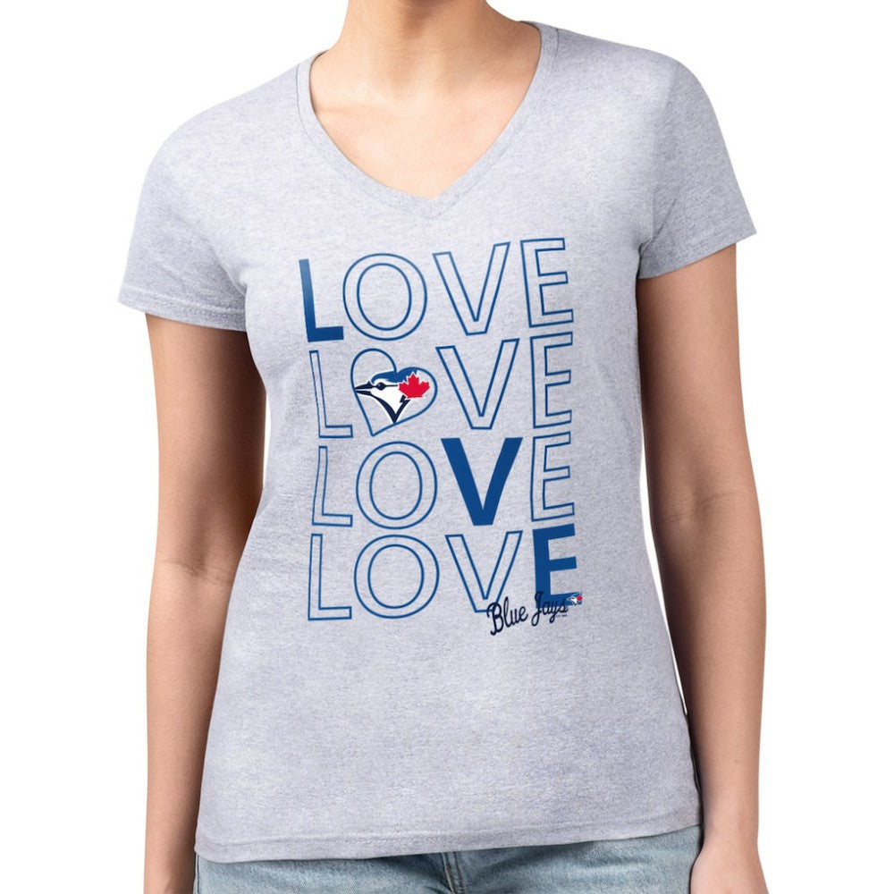 Toronto Blue Jays G-III 4Her by Carl Banks Women's Super-Slim Fit Lightweight Love Graphic Team V-Neck T-Shirt - Heather Gray T-shirts