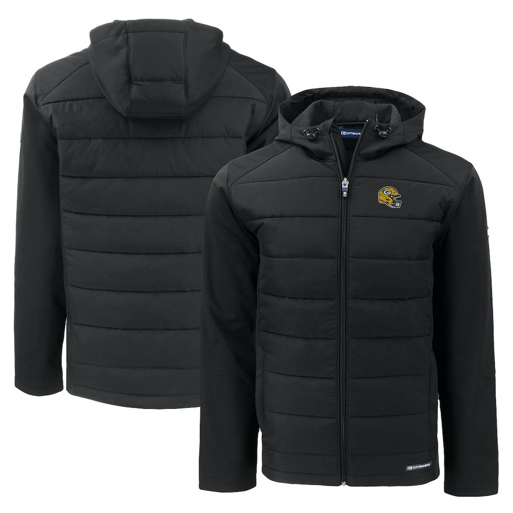 Green Bay Packers Cutter & Buck Helmet Evoke Hybrid Eco Softshell Recycled Full-Zip Hoodie Jacket - Black Hoodies