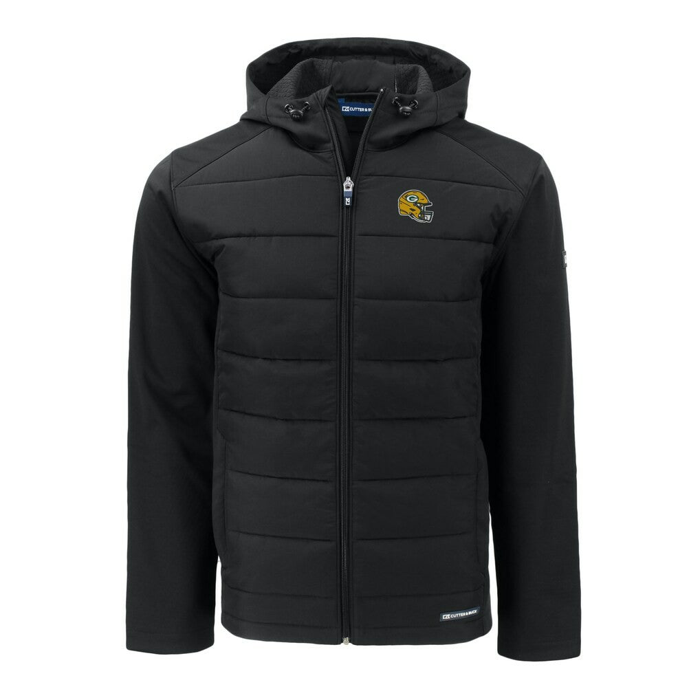 Green Bay Packers Cutter & Buck Helmet Evoke Hybrid Eco Softshell Recycled Full-Zip Hoodie Jacket - Black Hoodies