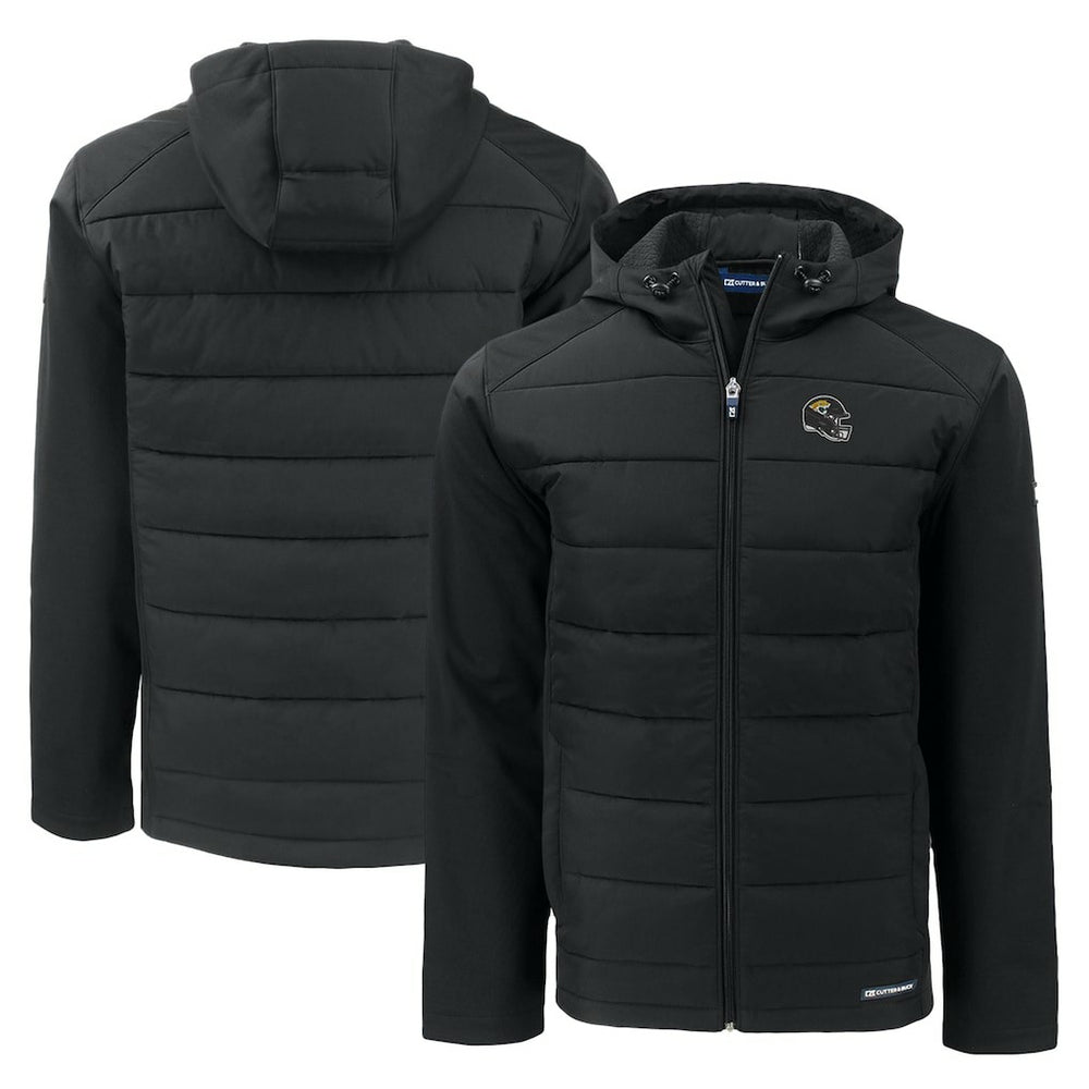 Jacksonville Jaguars Cutter & Buck Helmet Evoke Hybrid Eco Softshell Recycled Full-Zip Hoodie Jacket - Black Hoodies