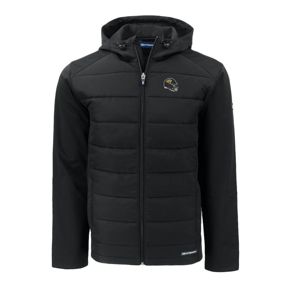 Jacksonville Jaguars Cutter & Buck Helmet Evoke Hybrid Eco Softshell Recycled Full-Zip Hoodie Jacket - Black Hoodies