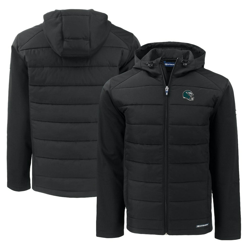 Philadelphia Eagles Cutter & Buck Helmet Evoke Hybrid Eco Softshell Recycled Full-Zip Hoodie Jacket - Black Hoodies
