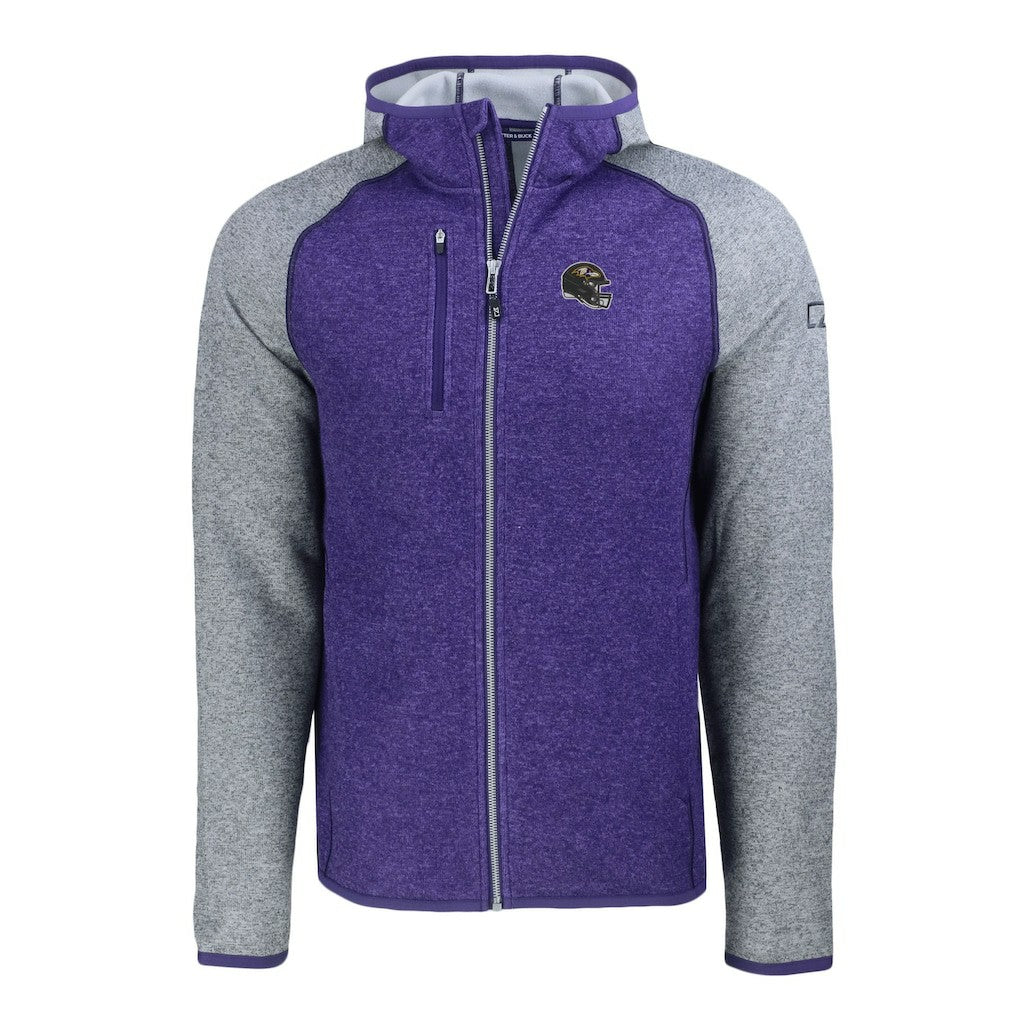 Baltimore Ravens Cutter & Buck Helmet Mainsail Sweater-Knit Full-Zip Hoodie - Heather Purple/Heather Gray Hoodies